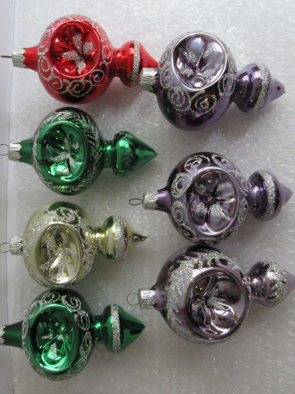 7 Commodore Glass Finial Indent Glitter Christmas Classics Ornaments Purple